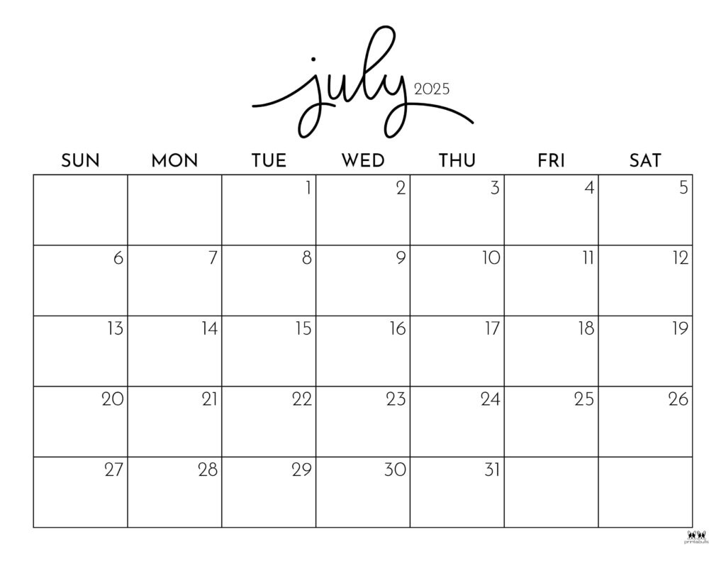 July 2025 Calendars - 107 Free Printables | Printabulls for July Calendar Printable 2025