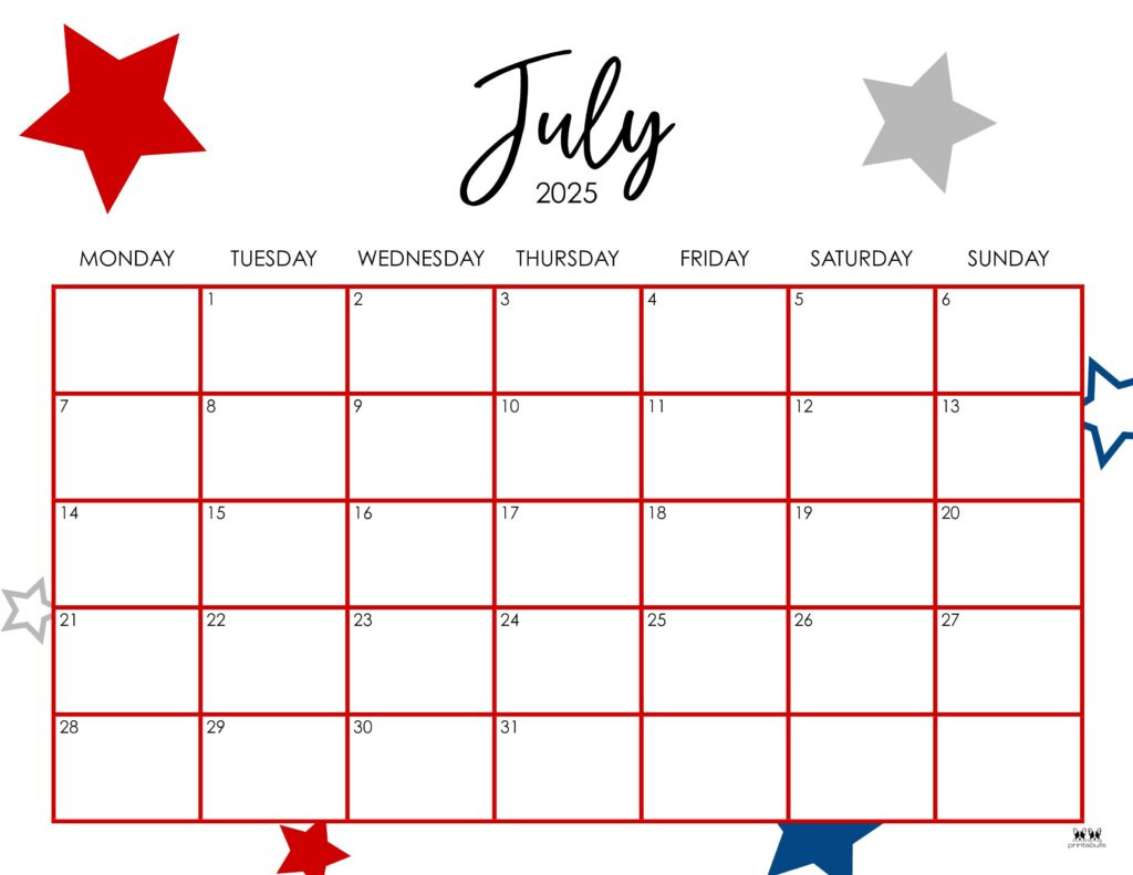 July 2025 Calendars - 107 Free Printables | Printabulls for Monthly Calendar July 2025 Printable