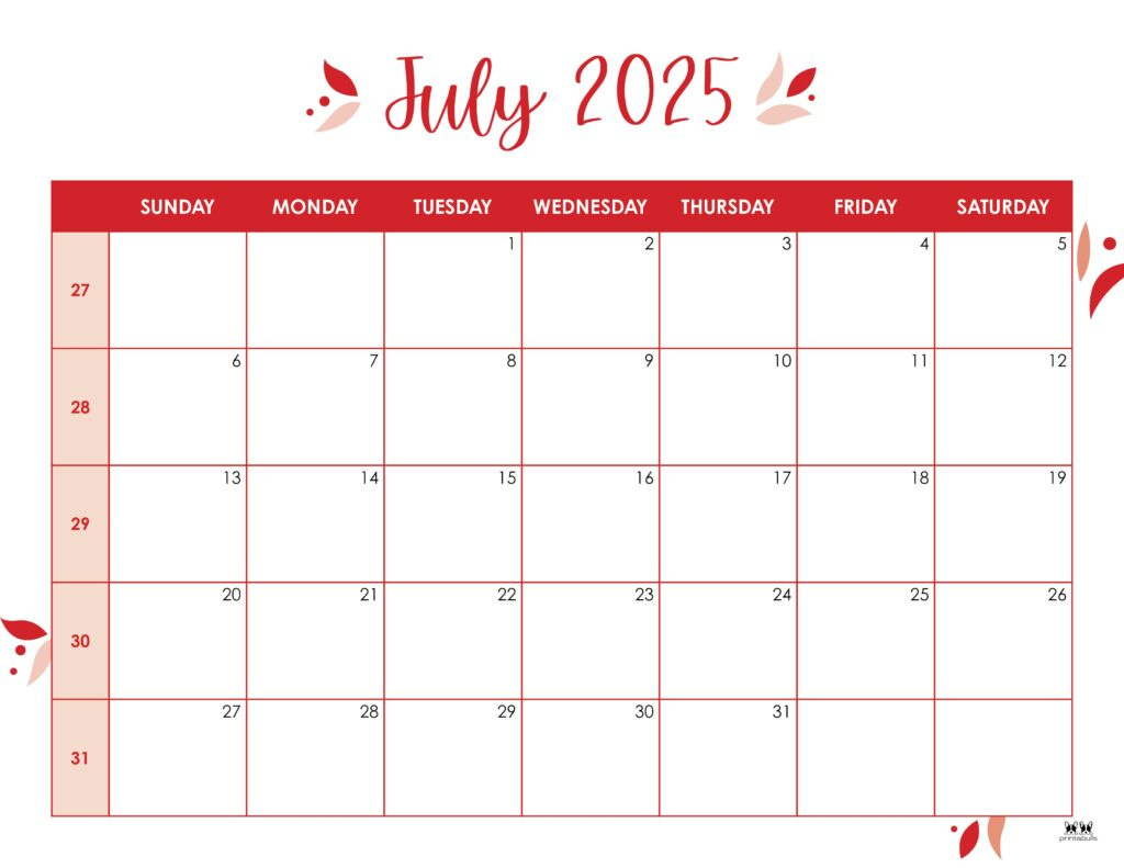 July 2025 Calendars - 107 Free Printables | Printabulls regarding July Free Printable Calendar 2025