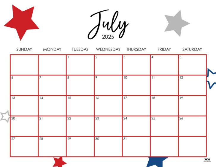 July Calendar Printable 2025