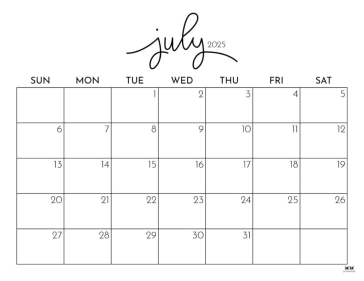 July 2025 Weekly Calendar Printable