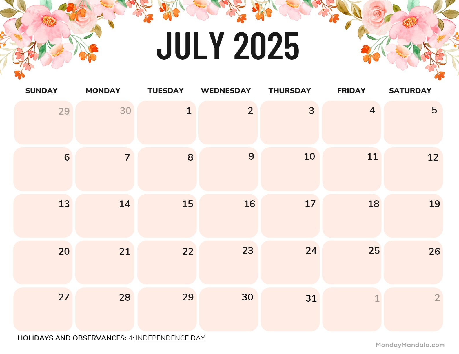 July 2025 Printable Calendar (52 Free Pdf Printables) in Free Printable July 2025 Calendar