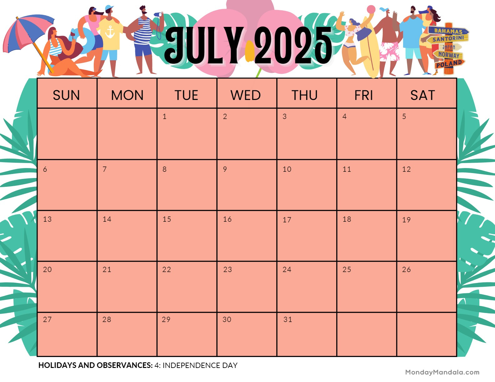 July 2025 Printable Calendar (52 Free Pdf Printables) inside Free Printable July 2025 Calendar with Holidays