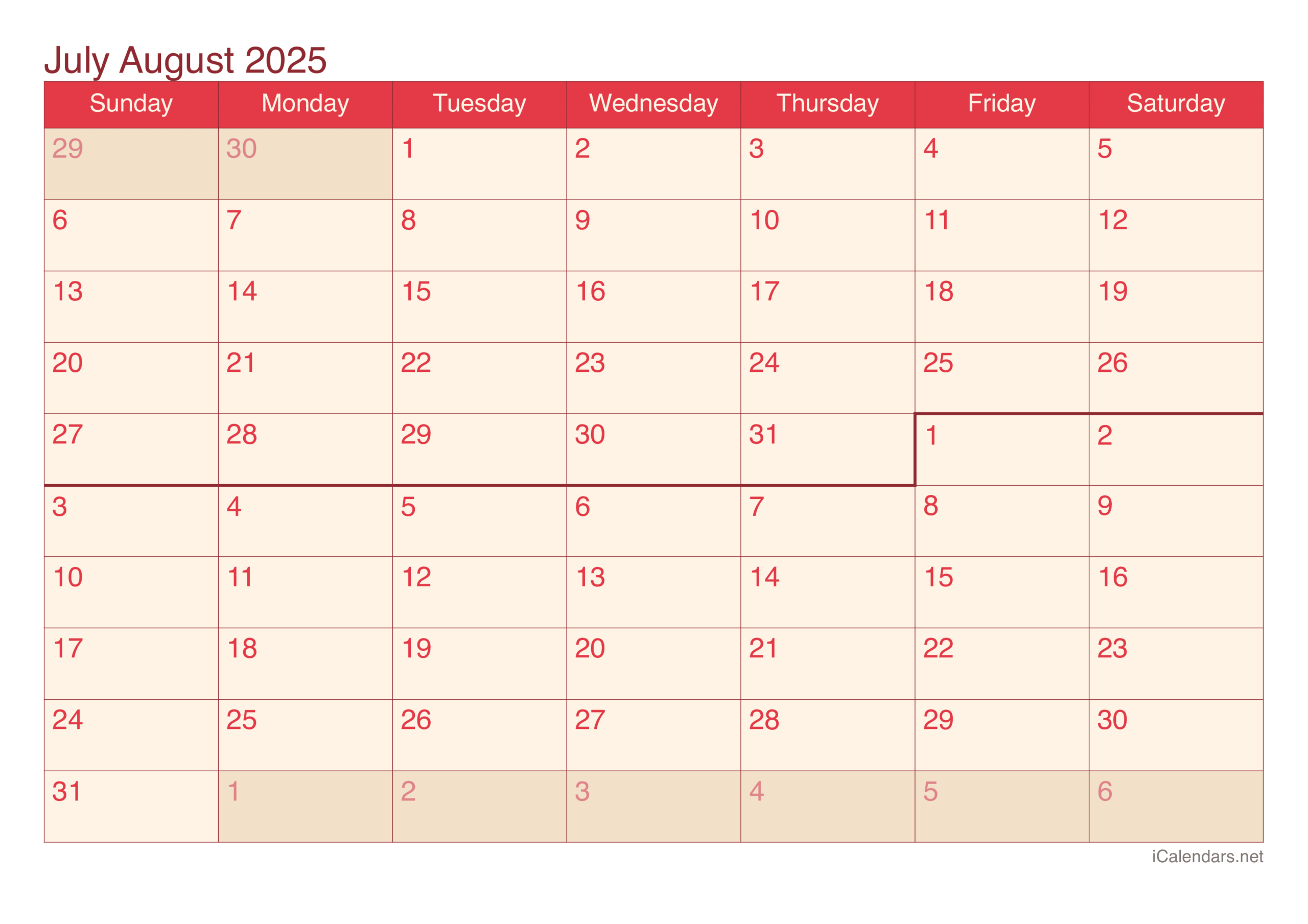 July And August 2025 Printable Calendar with regard to Printable Calendar June July August 2025