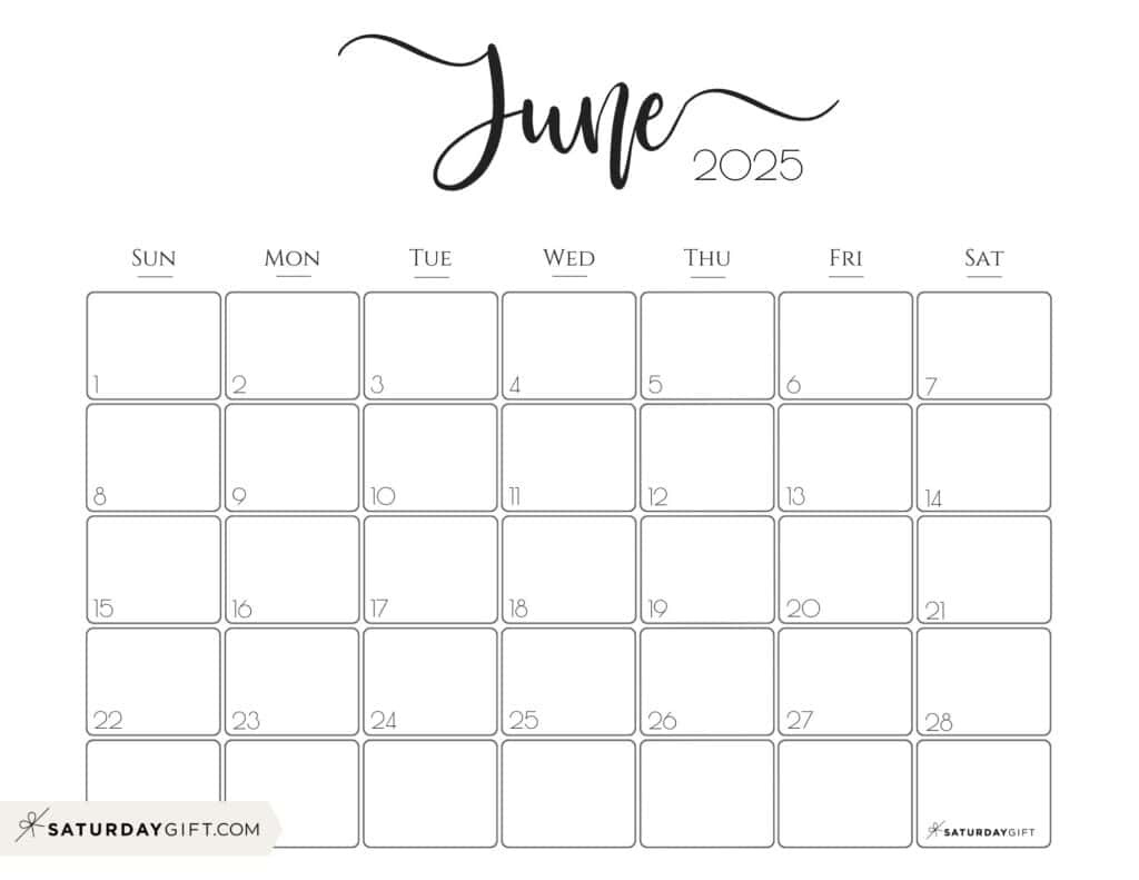 June 2025 Calendar - 20 Cute &amp;amp; Free Printables | Saturdaygift intended for June 2025 Blank Calendar Printable Free