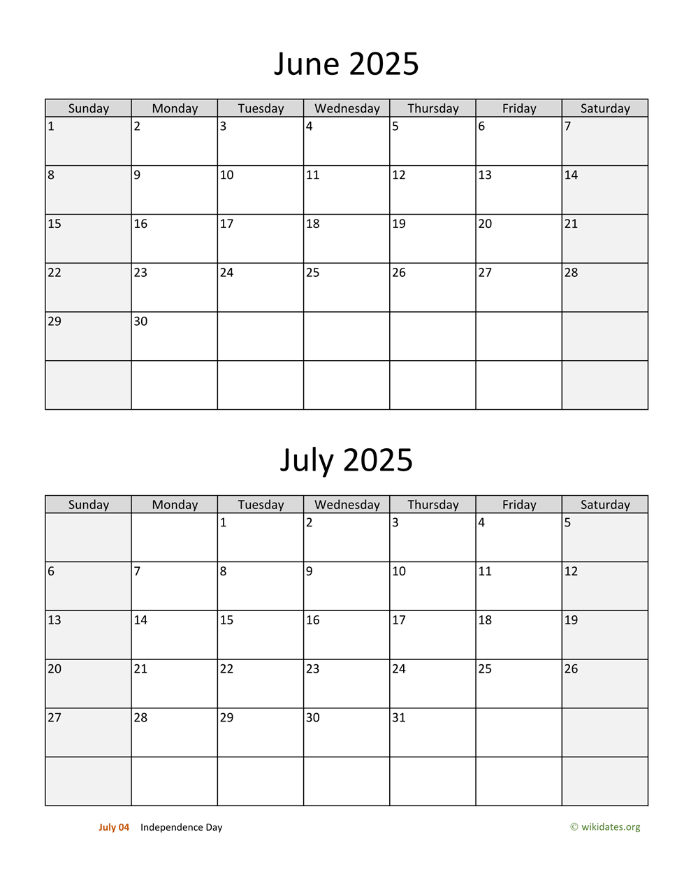 June And July 2025 Calendar | Wikidates for Calendar July 2025 To June 2025 Printable