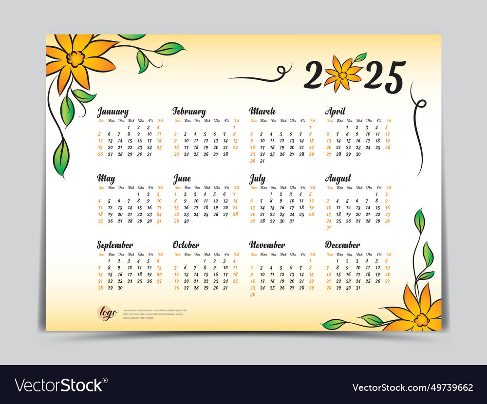 Kalender 2025 Vorlage Gelb Blumen Design Vektorbild throughout Printable Floral Calendar 2025