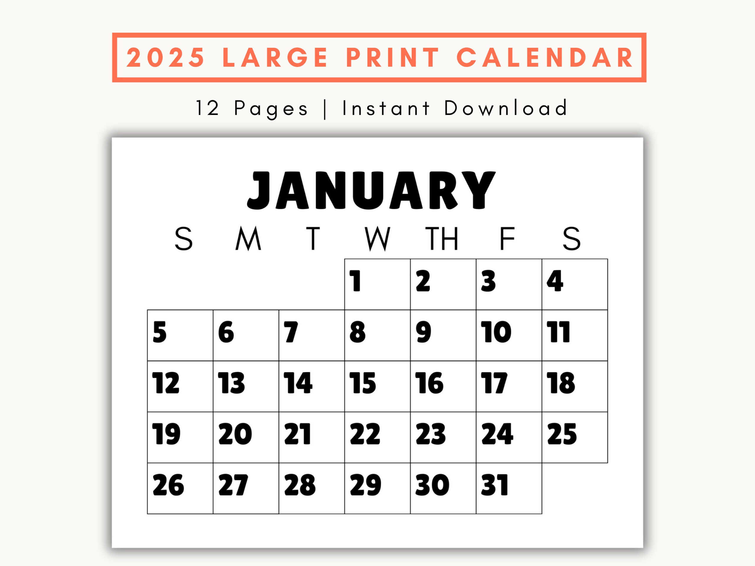 Large Print Monthly Calendar, 2025, Senior Citizen Calendar With with 2025 Calendar Printable Large