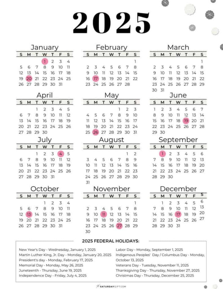 Printable Calendar with Federal Holidays 2025