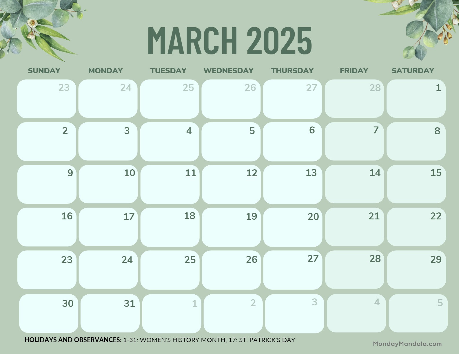 March 2025 Calendar (52 Free Pdf Printables) for March 2025 Printable Calendar