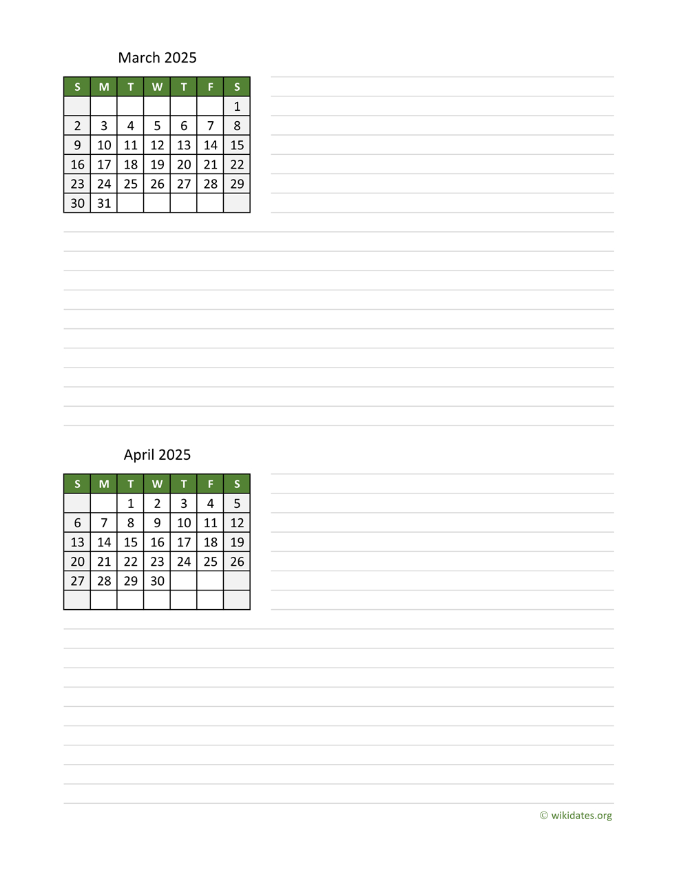 March And April 2025 Calendar | Wikidates intended for March and April 2025 Calendar Printable