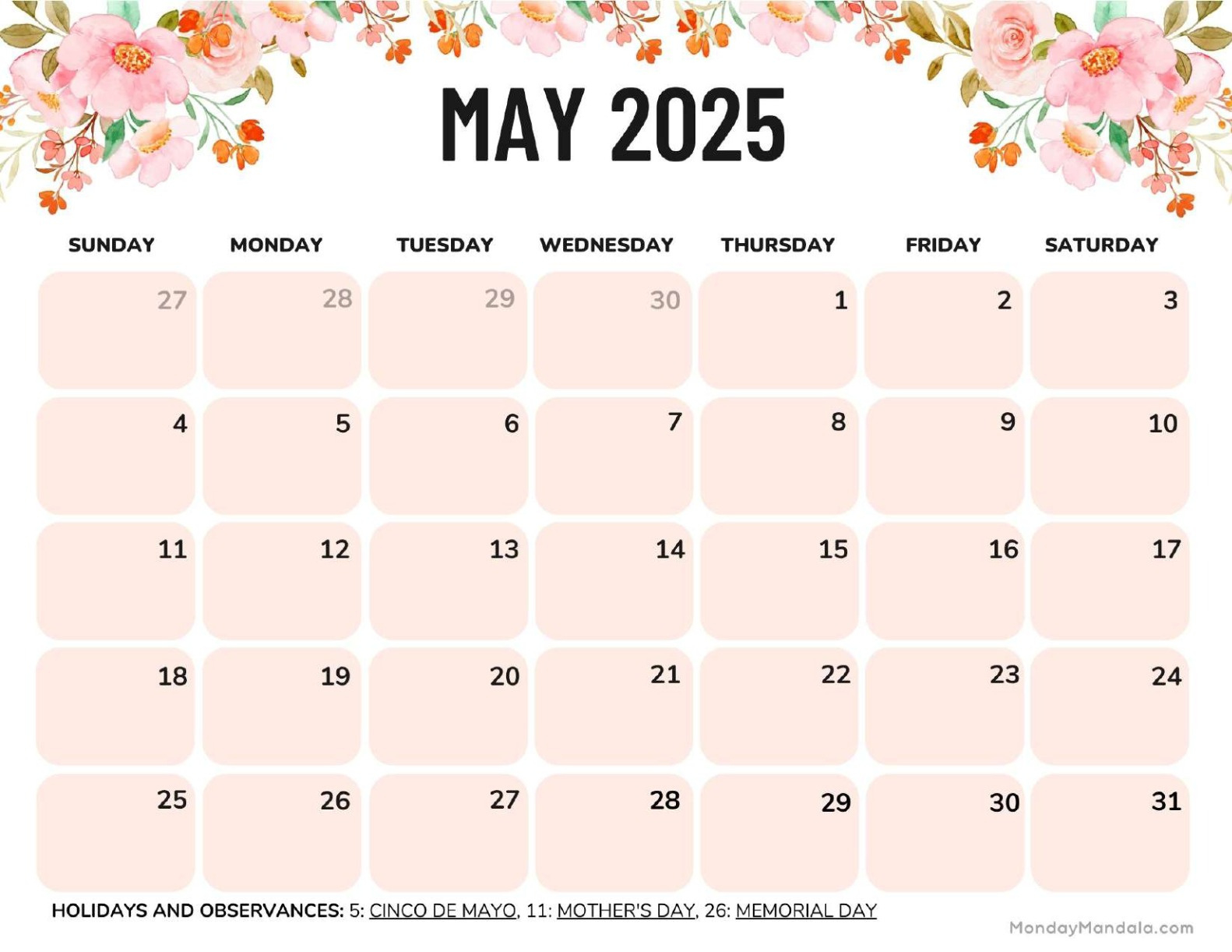 May 2025 Calendar (52 Free Pdf Printables) in May 2025 Printable Calendar