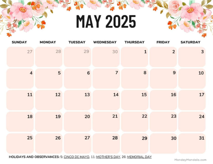 Printable Monthly Calendar May 2025