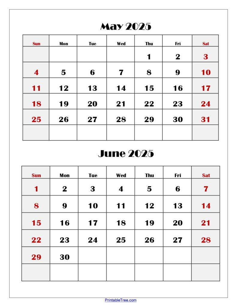 May And June 2025 Calendar Printable Pdf | Two Months Calendar in Printable Calendar 2025 3 Months Per Page