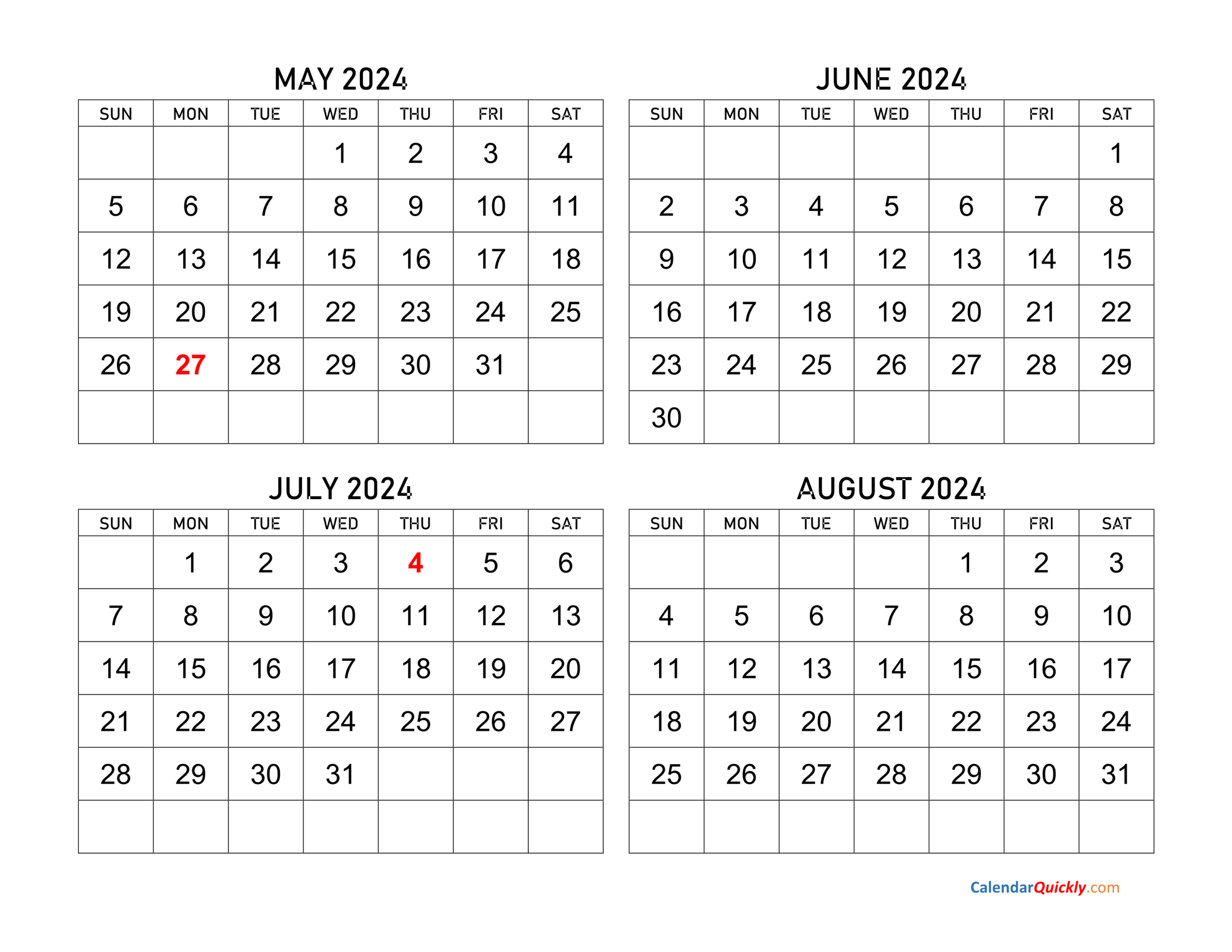 May To August 2024 Calendar | Calendar Quickly throughout Printable Calendar August 2024-May 2025