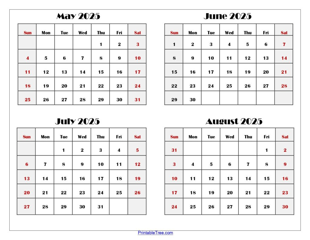 May To August 2025 Calendar Printable Pdf | Four Months Calendar inside August 2025-May 2025 Printable Calendar