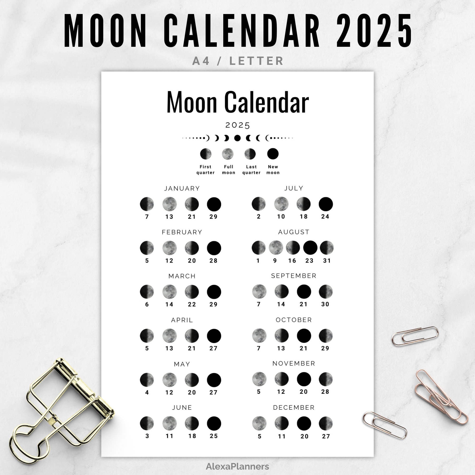 Mondphasenkalender 2025, Mondkalender In A4 / Letter Größe - Etsy.de regarding Free Printable Moon Phase Calendar 2025