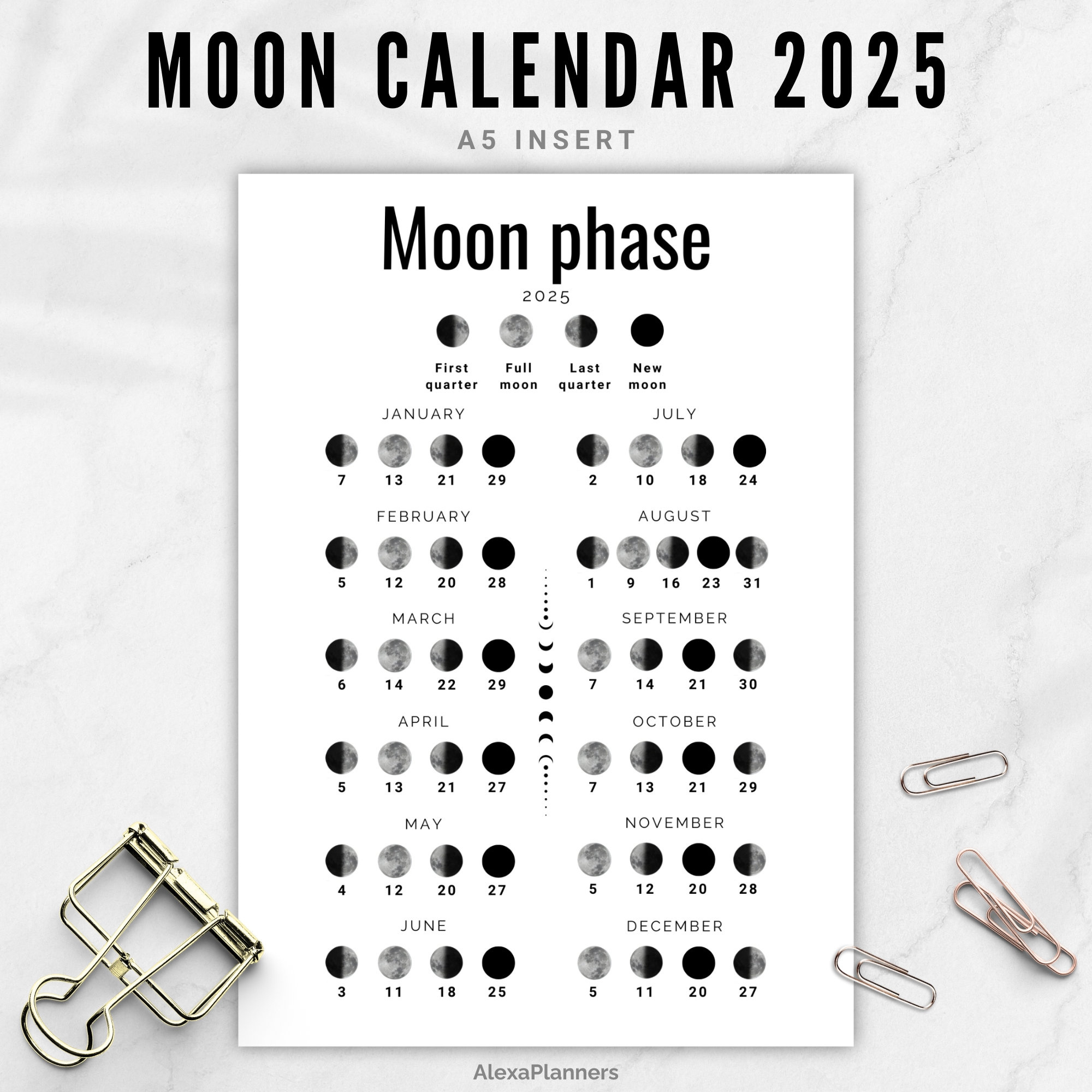 Moon Phase Calendar 2025, Lunar Calendar, A5 Planner Inserts - Etsy within Printable Lunar Calendar 2025