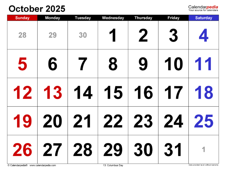 Oct 2025 Calendar Printable