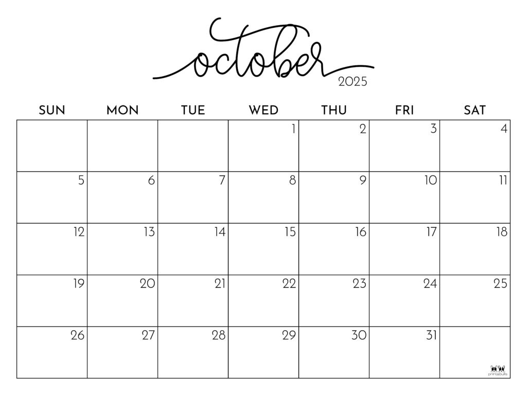 October 2025 Calendars - 107 Free Printables | Printabulls for October 2025 Calendar Printable Free