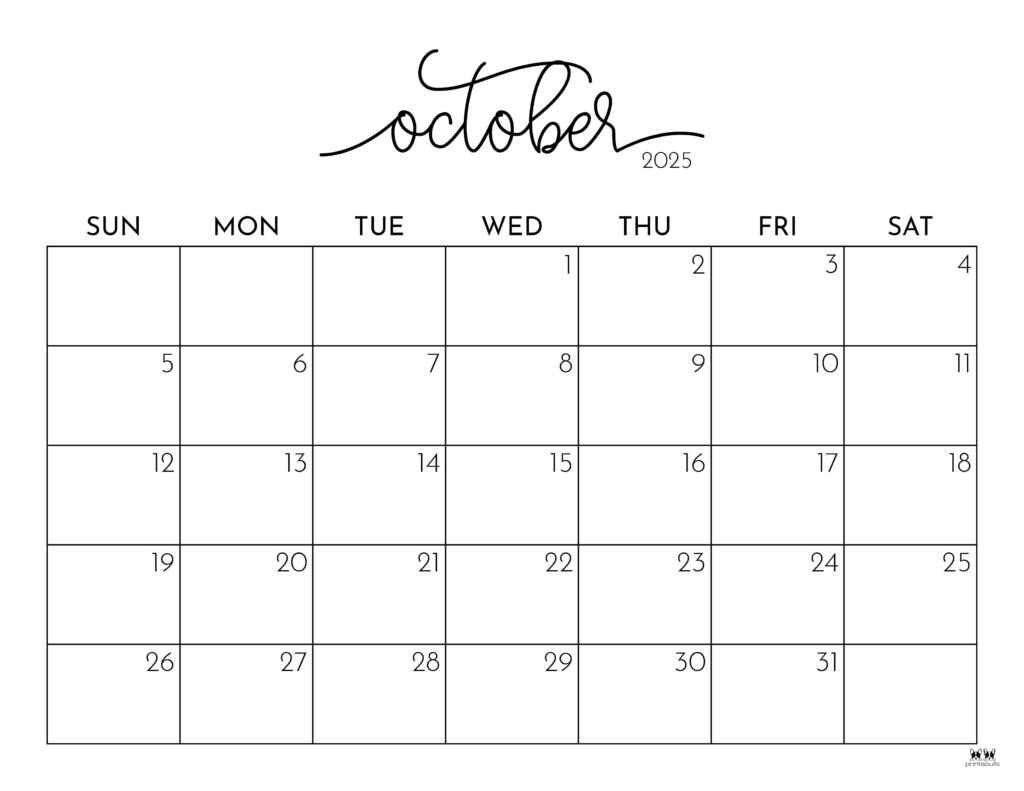 October 2025 Calendars - 107 Free Printables | Printabulls for October Calendar 2025 Printable