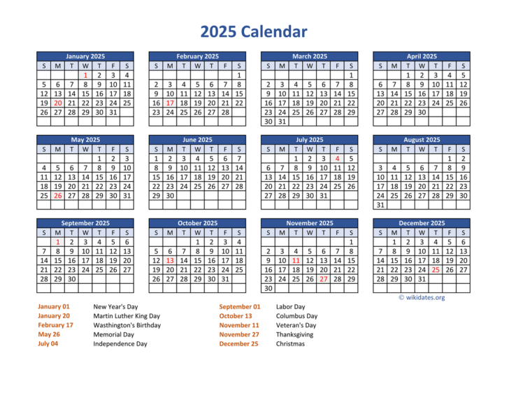 Free Printable Calendar 2025 with US Holidays