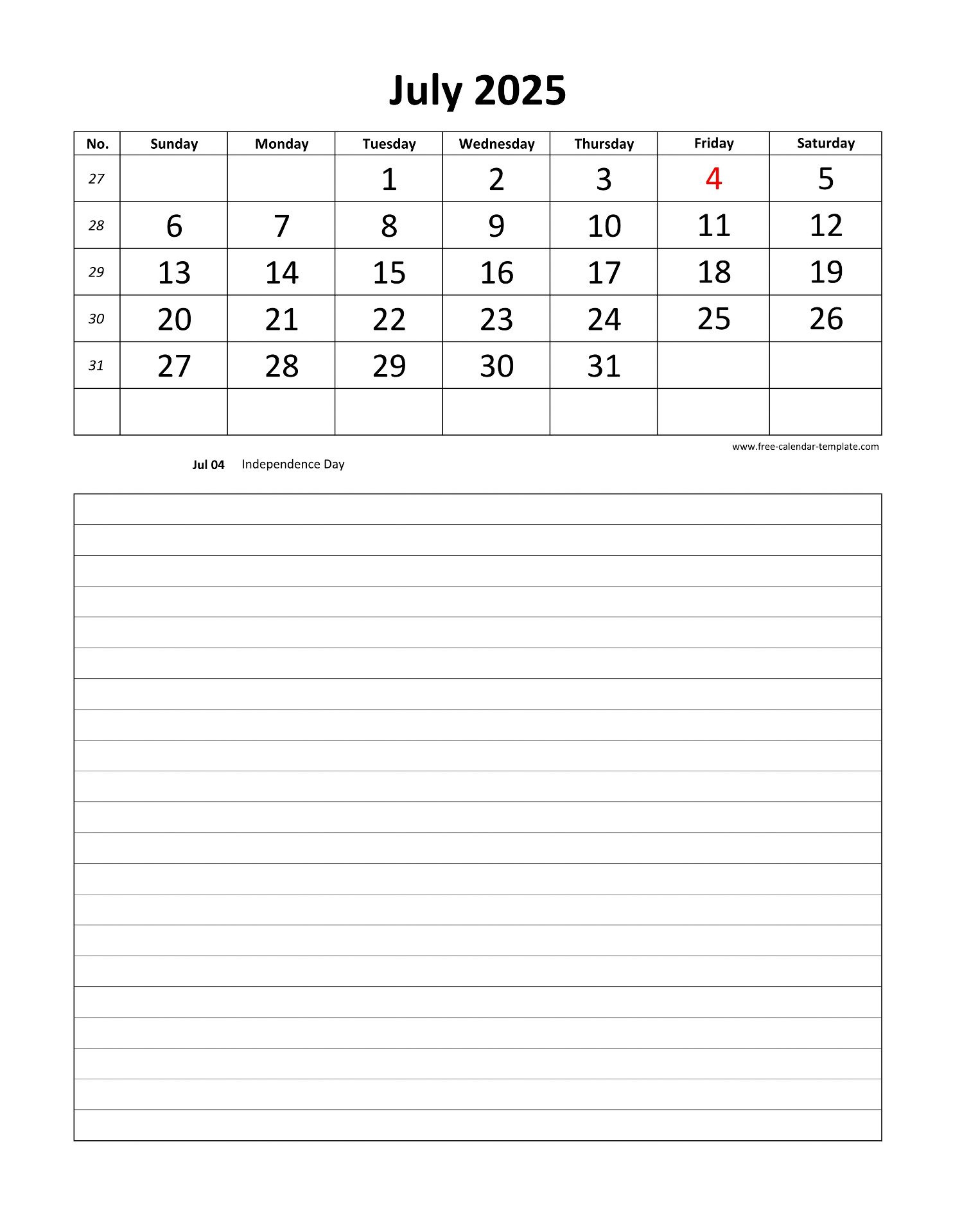 Printable 2025 July Calendar Grid Lines For Daily Notes (Vertical for Printable Daily Calendar 2025