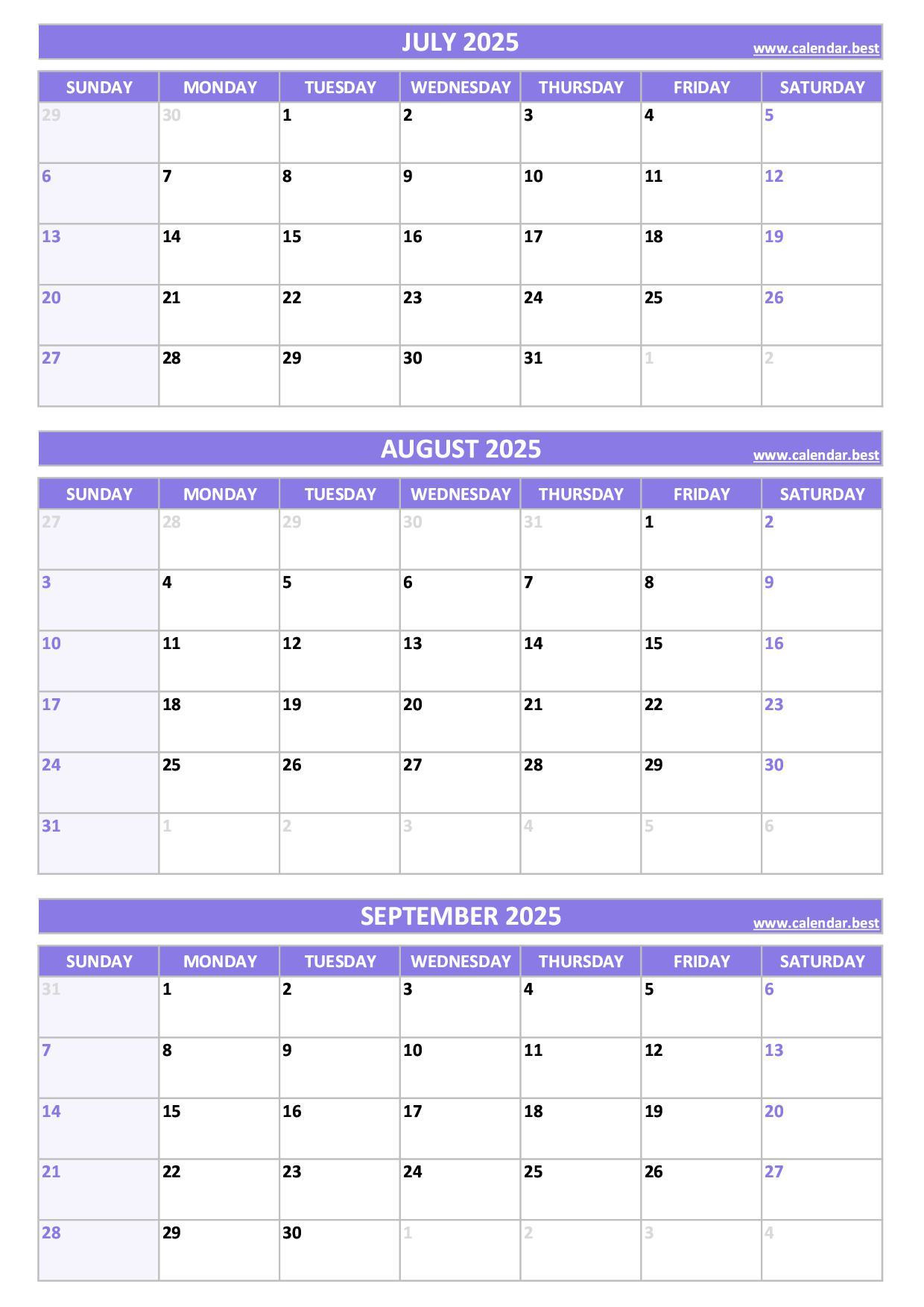 Printable 3Rd Quarter 2025 Calendar for 3 Month Calendar 2025 Printable