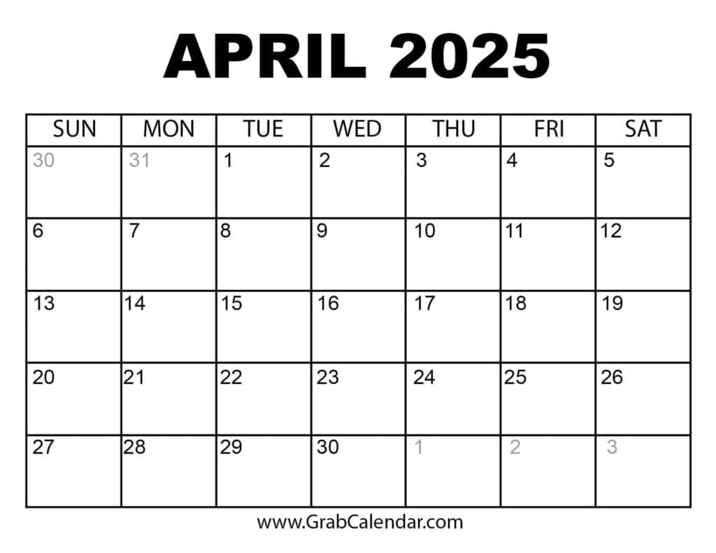 Printable April 2025 Calendar in Printable Calendar March April May 2025