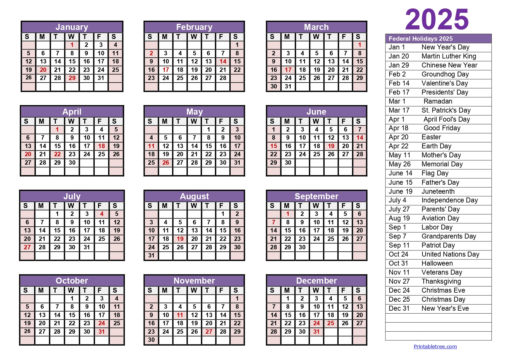 Printable Calendar 2025 One Page With Holidays (Single Page) 2025 for 2025 Calendar with Holidays Printable