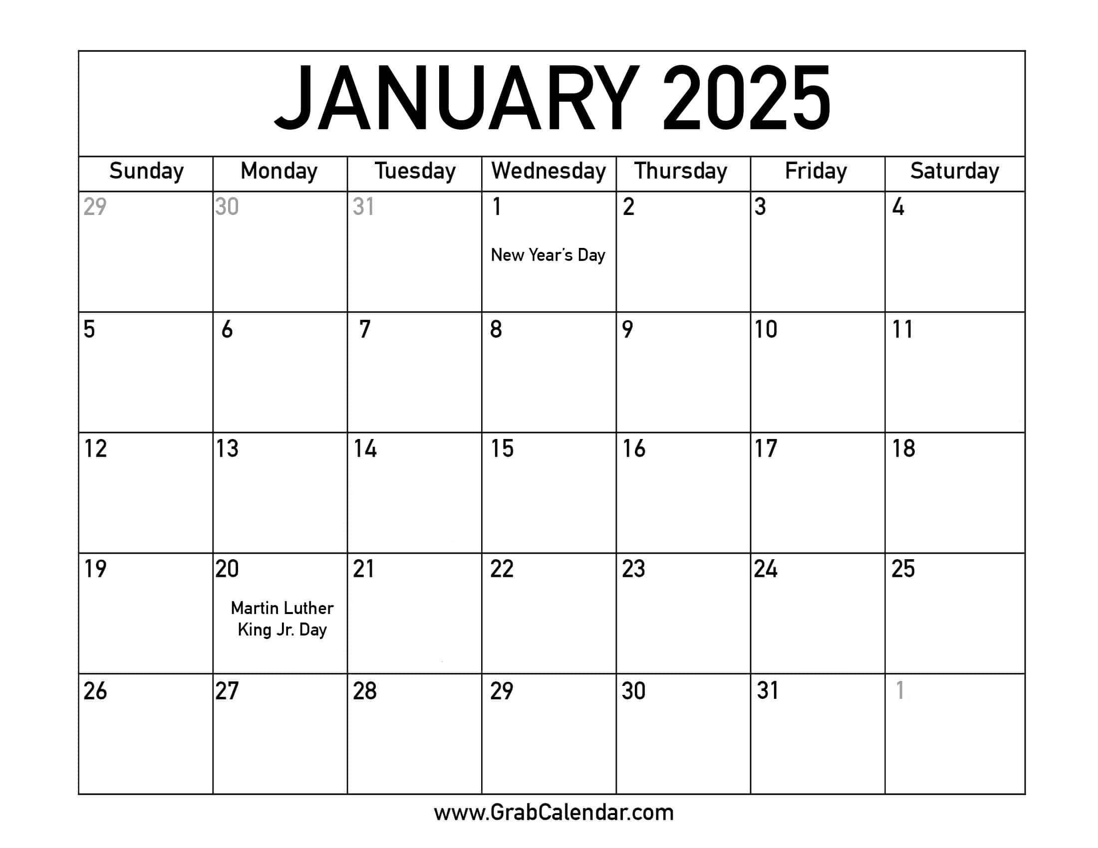 Printable January 2025 Calendar for 2025 Monthly Calendar With Holidays Printable Free Download