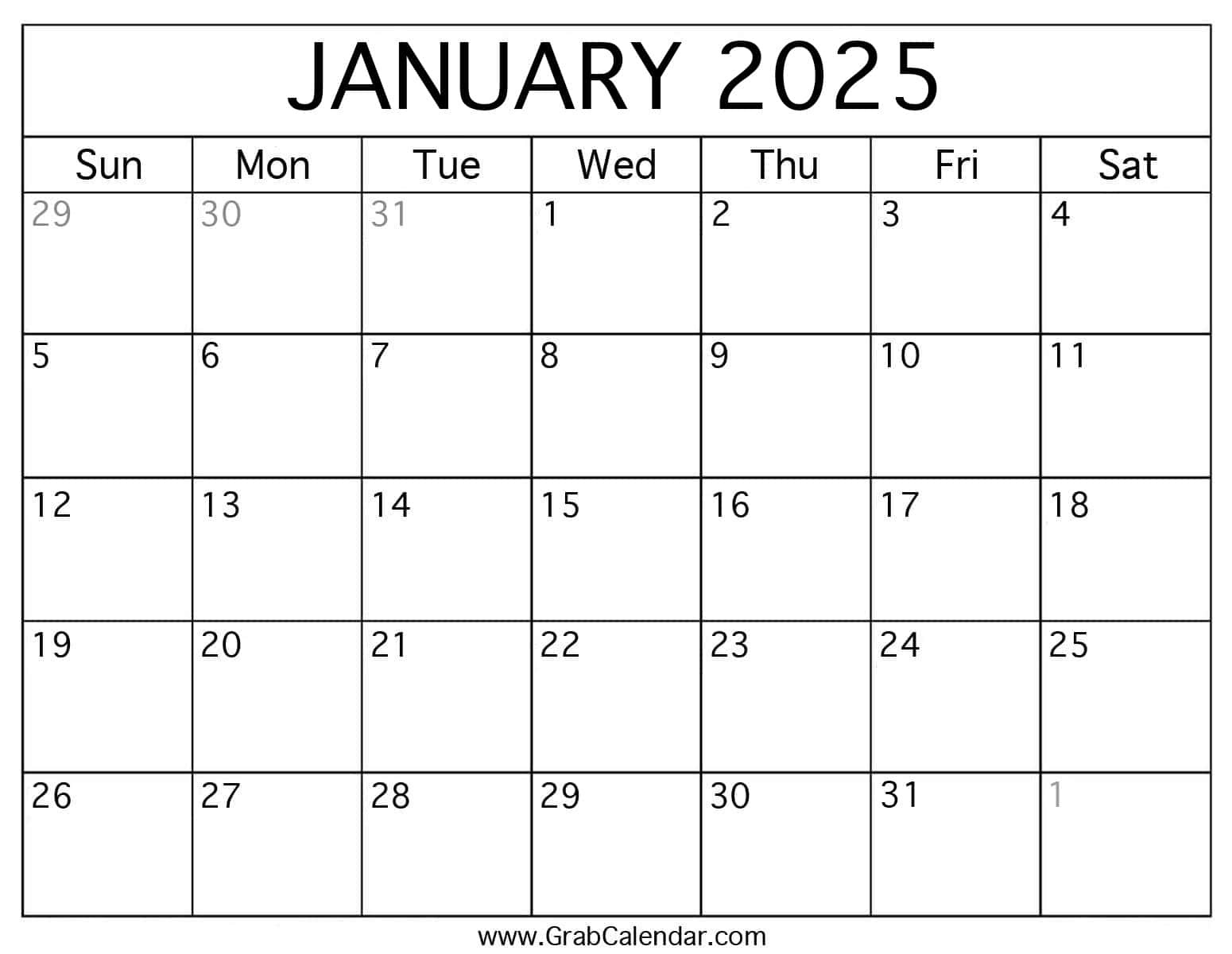 Printable January 2025 Calendar for Blank January 2025 Calendar Printable