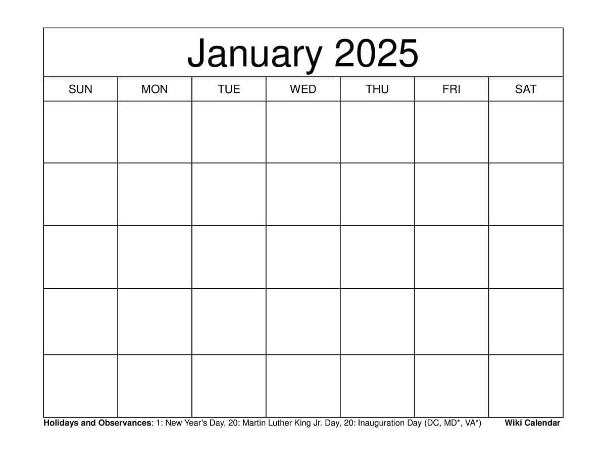 Printable January 2025 Calendar Templates With Holidays with regard to Wiki Calendar 2025 Printable