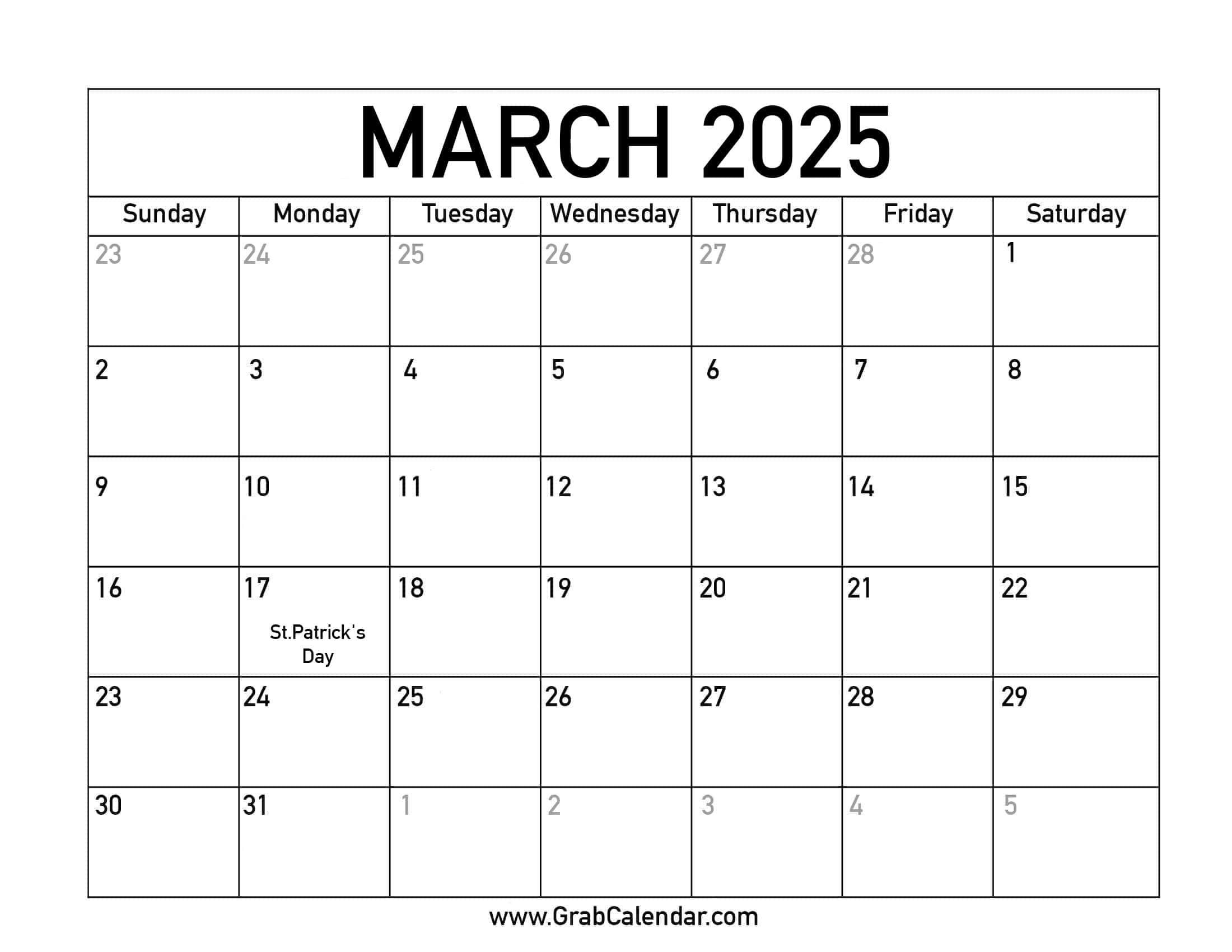 Printable March 2025 Calendar throughout March 2025 Calendar Printable with Holidays