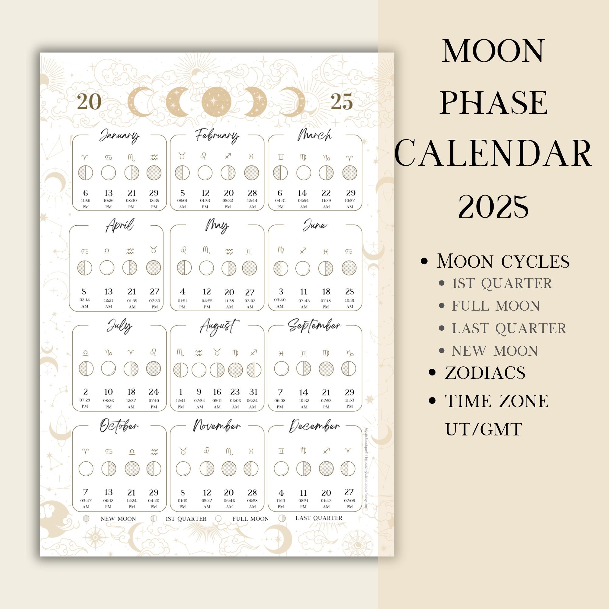 Printable Pdf Lunar Calendar, Moon Phase Calendar 2025 - Etsy in 2025 Moon Calendar Printable