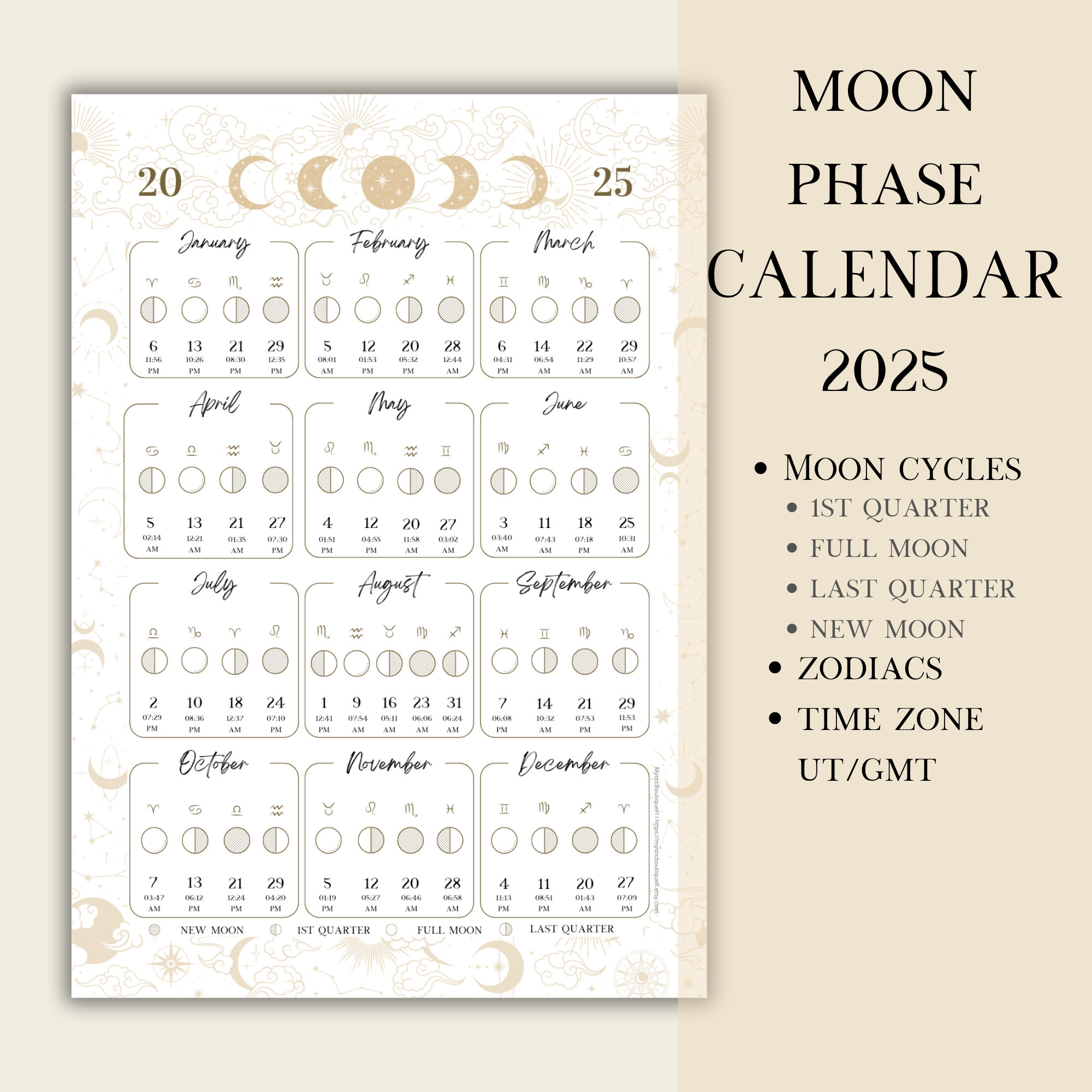 Printable Pdf Lunar Calendar, Moon Phase Calendar 2025 - Etsy regarding Full Moon Calendar 2025 Printable