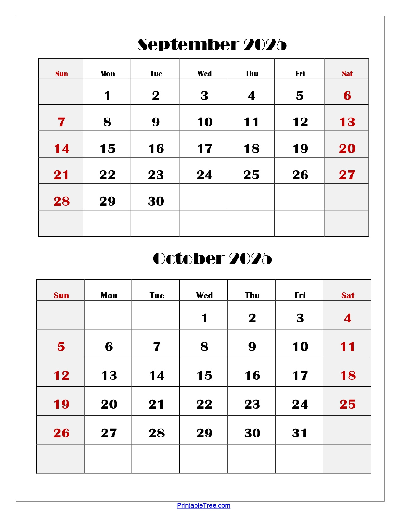 September And October 2025 Calendar Printable Pdf | Two Months in September October 2025 Calendar Printable