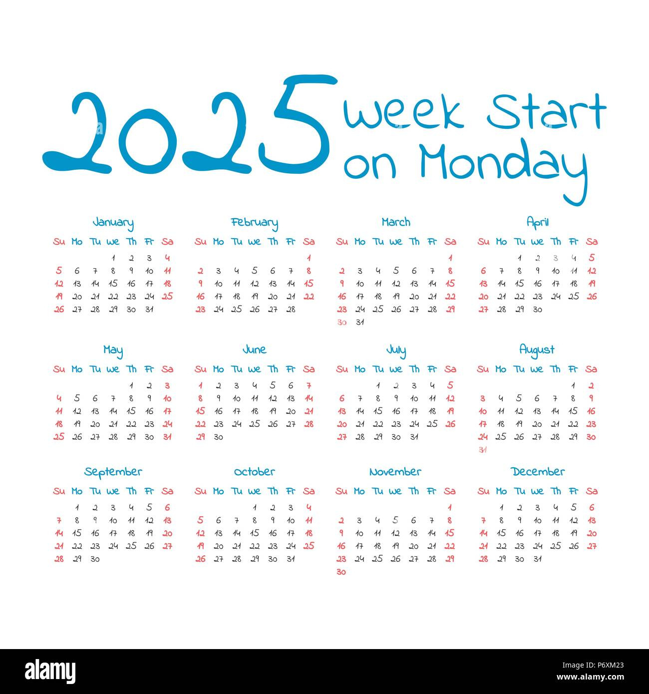 Simple 2025 Year Calendar, Week Starts On Monday Stock Vector inside Printable 2025 Calendar Starting Monday