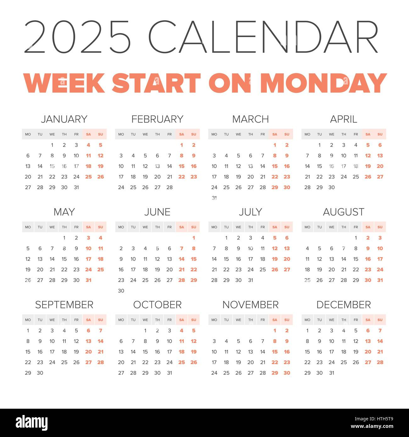 Simple 2025 Year Calendar, Week Starts On Monday Stock Vector with Printable Calendar 2025 Monday Start