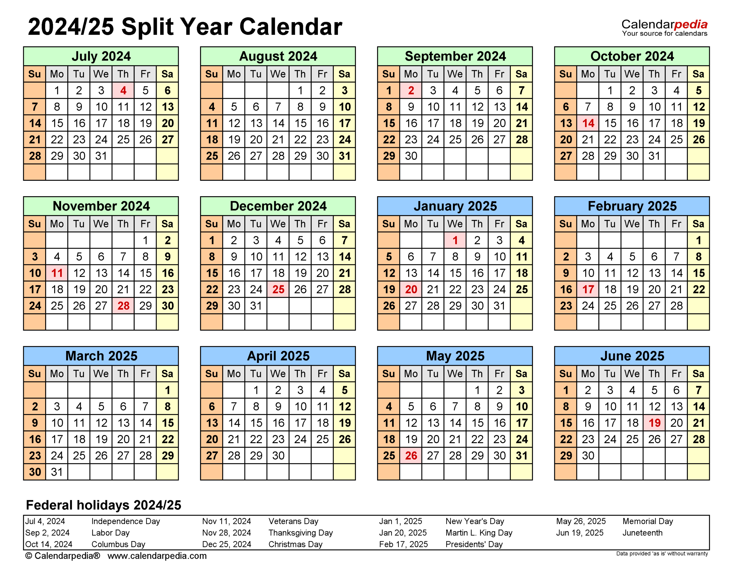 Split Year Calendars 2024/2025 (July To June) - Pdf Templates for August 2024-May 2025 Calendar Printable