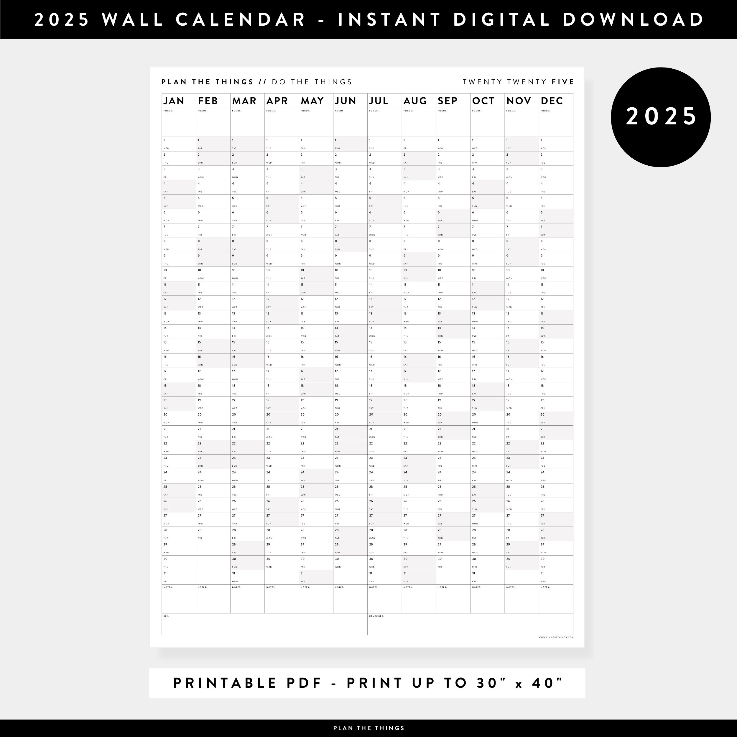 Wandkalender 2025 Zum Ausdrucken Digitale Pdf-Sofortdownload 2025 for Printable Wall Calendar 2025