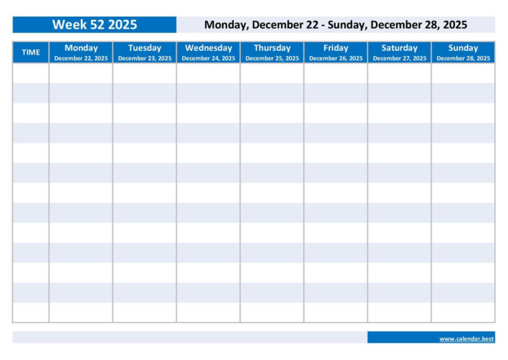 52 Week Calendar 2025 Printable