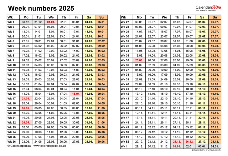 2025 Work Week Calendar Printable