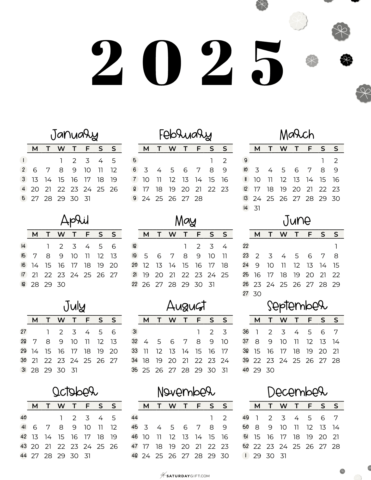 Week Numbers For 2025 - What Week Is It? | Saturdaygift for 2025 Calendar With Week Numbers Printable