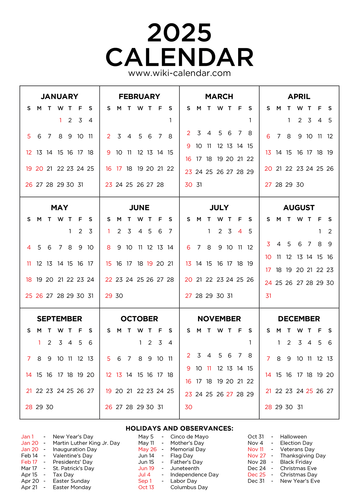 Year 2025 Calendar Printable With Holidays - Wiki Calendar for 2025 Year Calendar with Holidays Printable