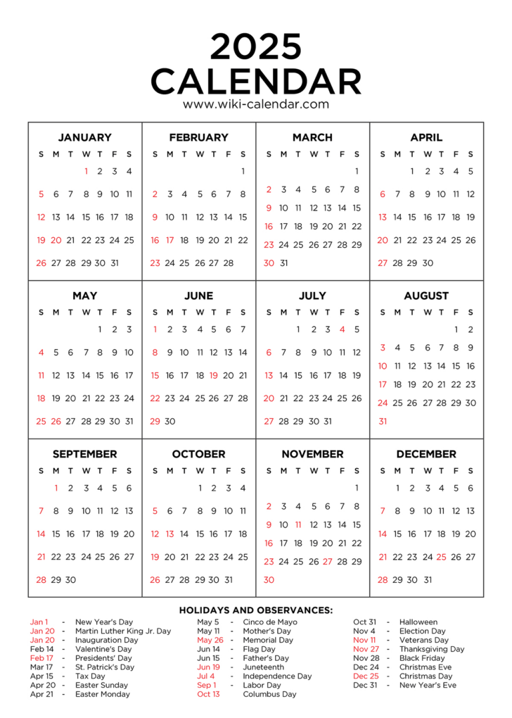 2025 Calendar Printable Monthly with Holidays