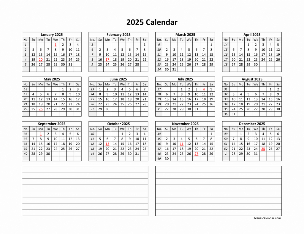 Yearly 2025 Calendars for 2025 Printable Calendar with Notes