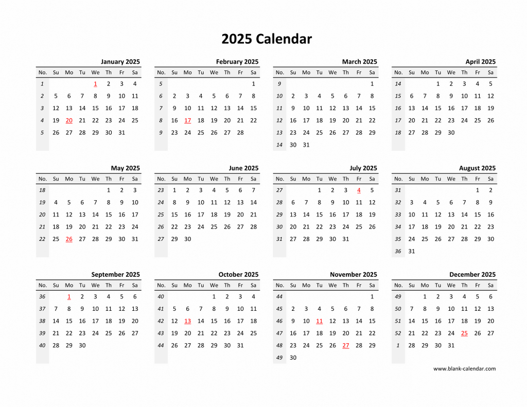 Yearly 2025 Calendars in Free Printable Blank Calendar Template 2025