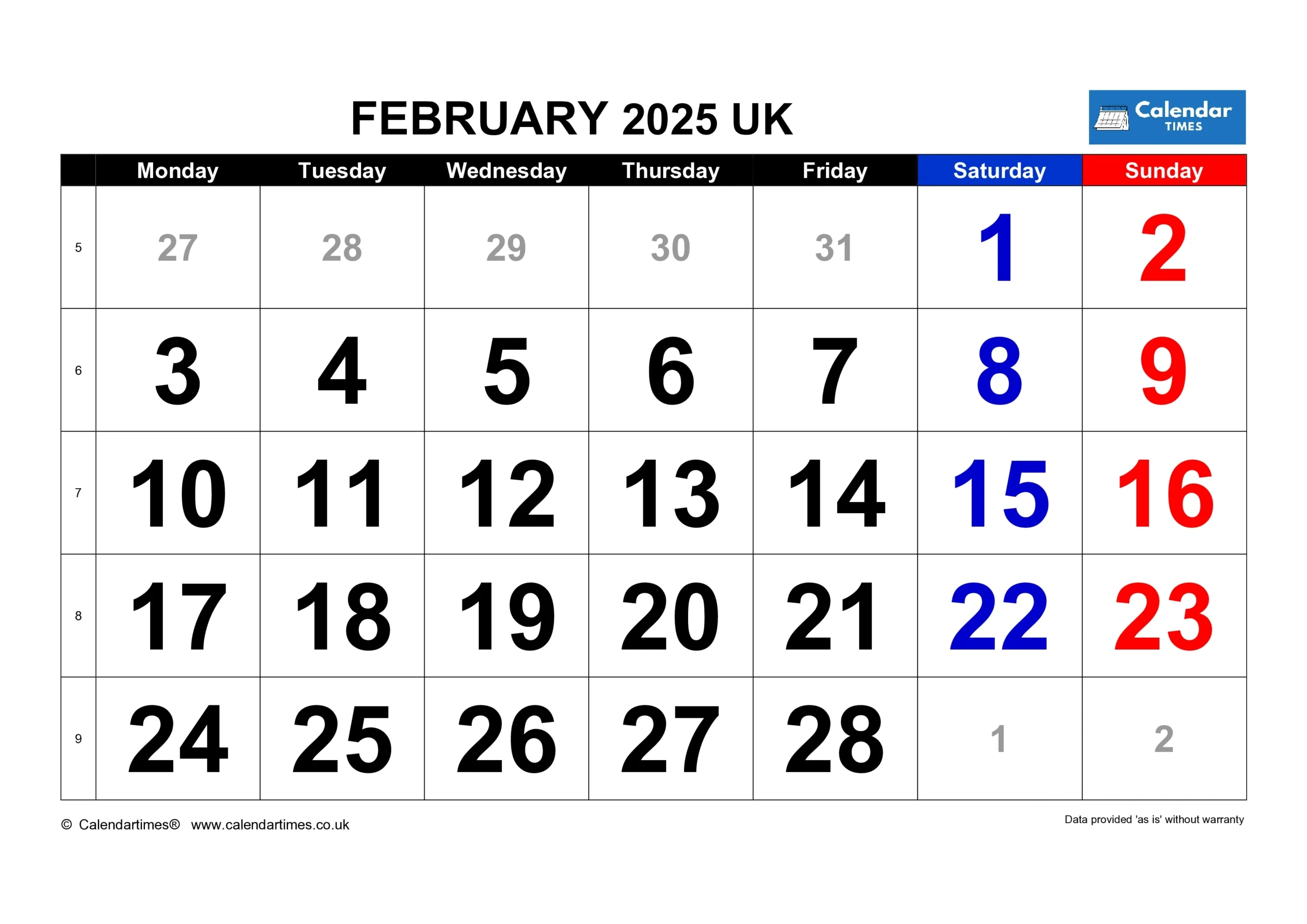 2025 Calendar - Calendar Times intended for Month Of February Printable Calendar 2025