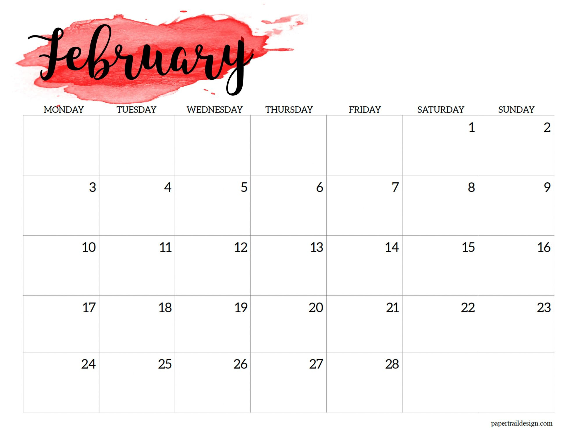 2025 Monday Start Calendar Printable - Watercolor - Paper Trail Design in February 2025 Calendar Monday Start